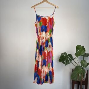 Sam Edelman Colorful Floral Pleated Midi Maxi Dress XL Spaghetti Strap Tie Waist